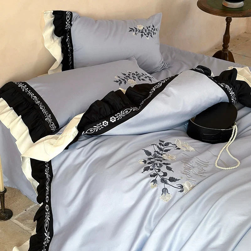 Bedding Set Embroidered Cotton Satin Machine Washable & Concealed Zipper