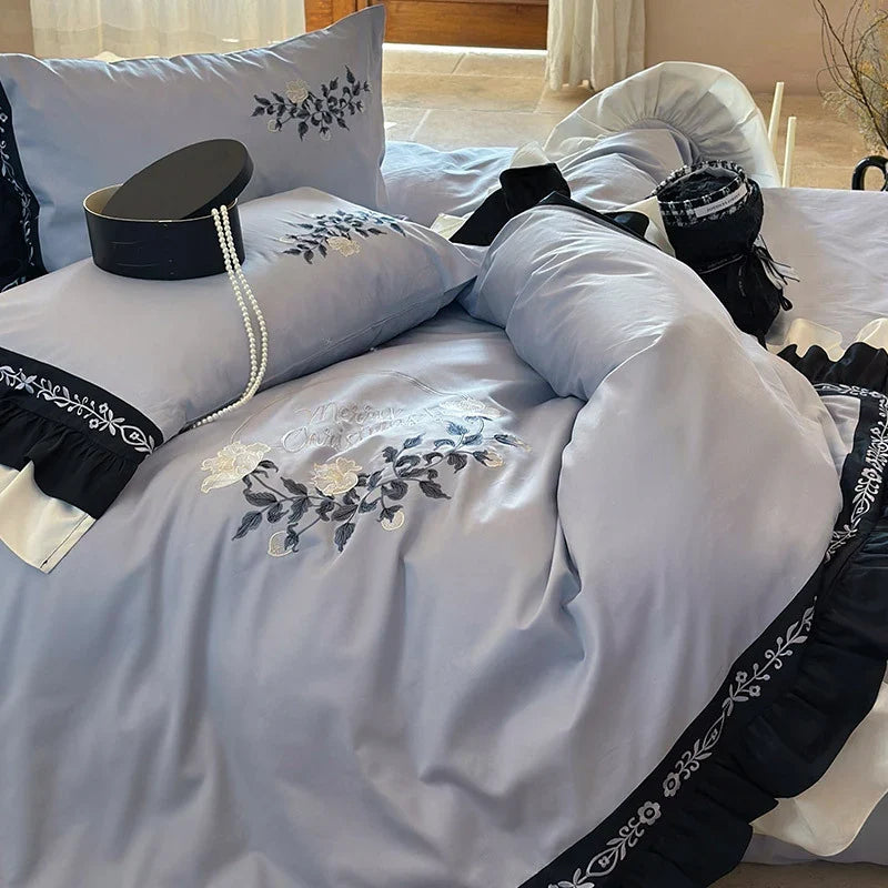 Bedding Set Embroidered Cotton Satin Machine Washable & Concealed Zipper
