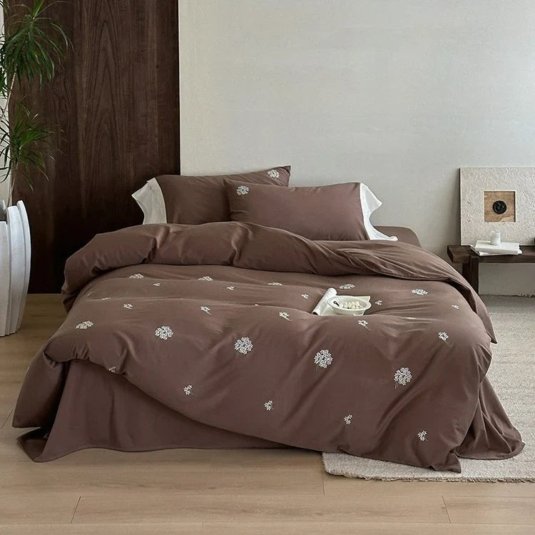 Bedding Set Embroidered Floral Cotton Satin Machine Washable