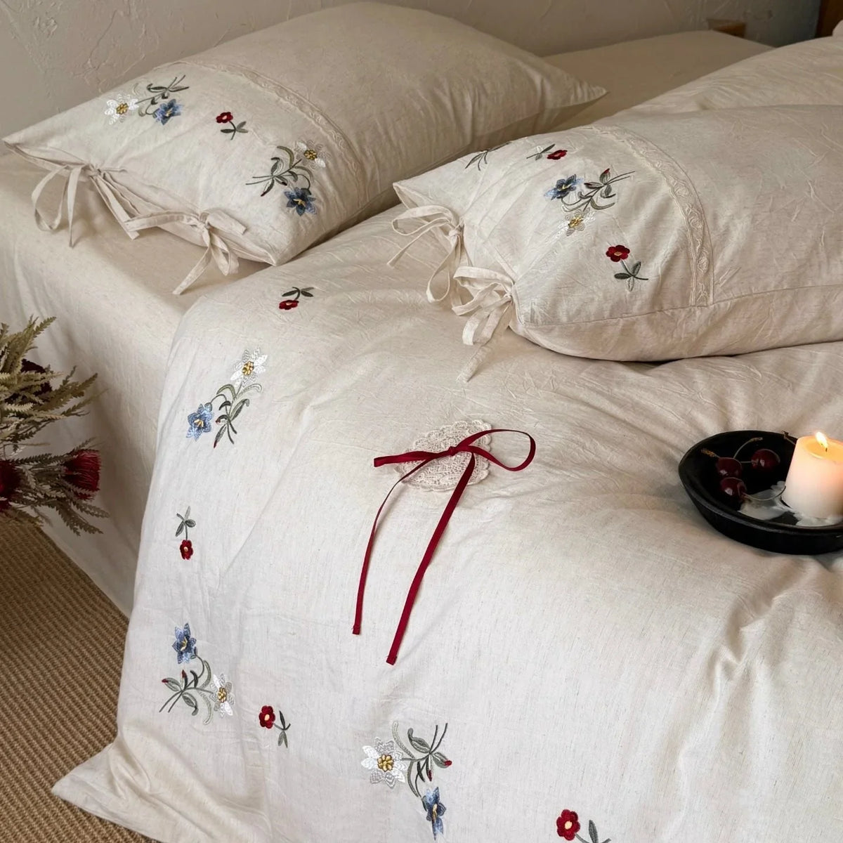 Bedding Set Embroidered Floral Linen-Look Cotton Blend
