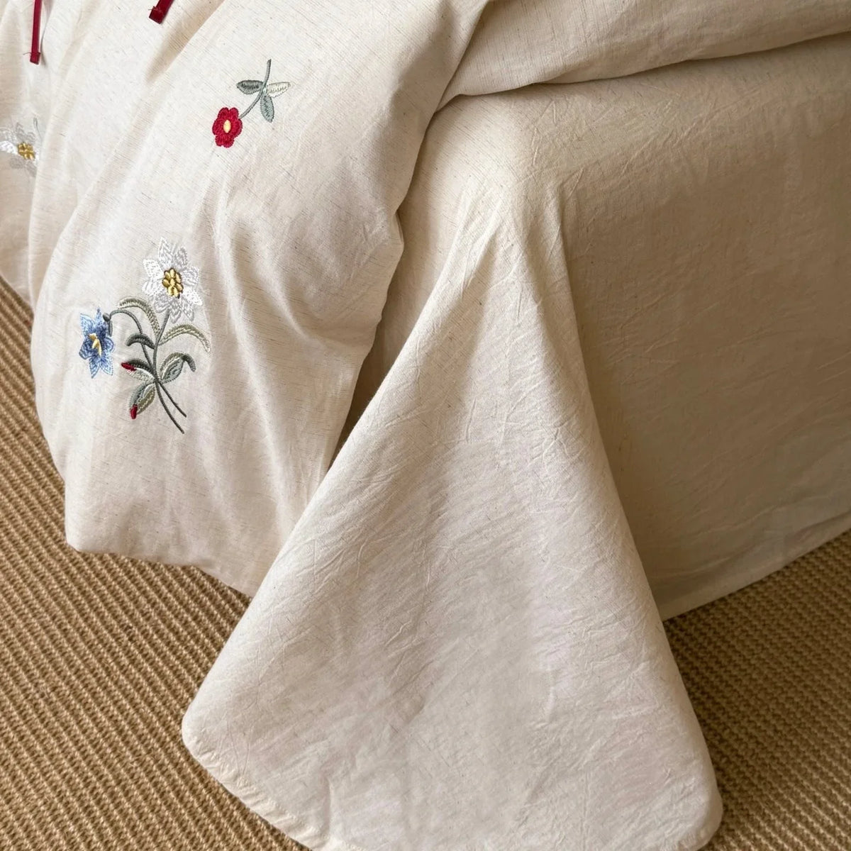 Bedding Set Embroidered Floral Linen-Look Cotton Blend