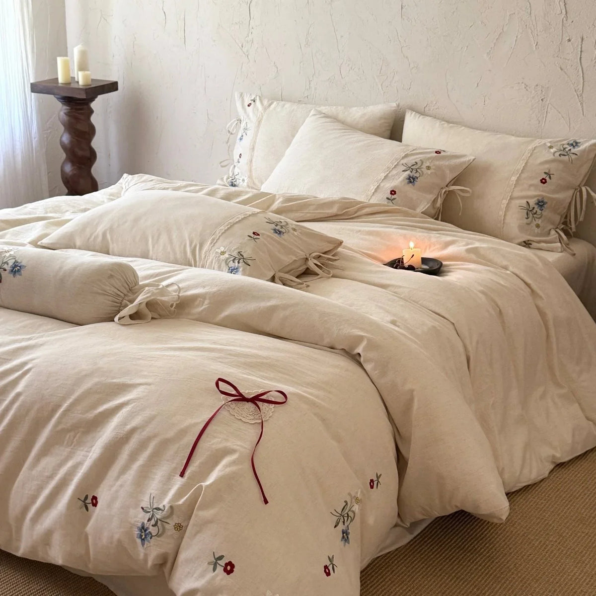 Bedding Set Embroidered Floral Linen-Look Cotton Blend