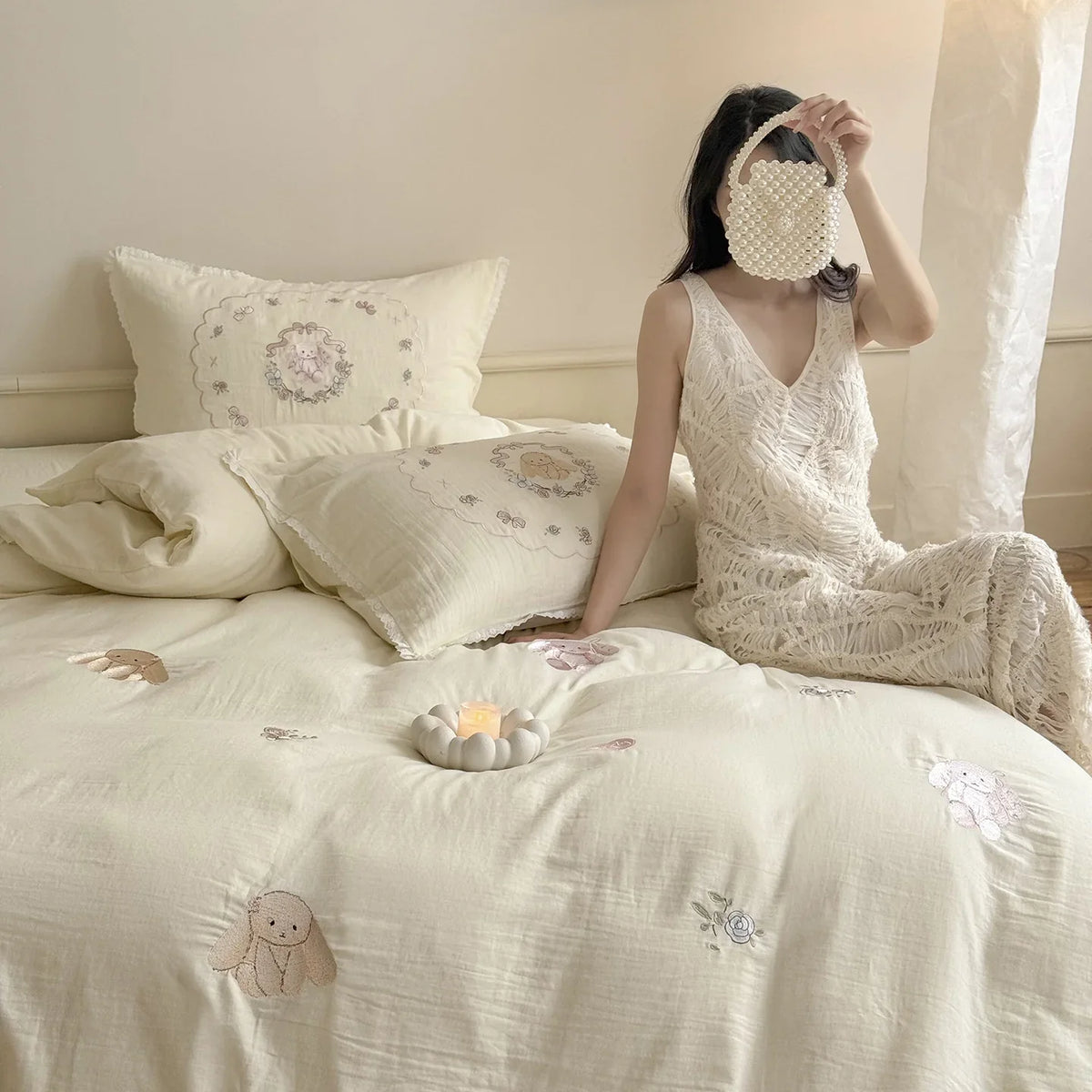 Bedding Set Embroidered Rose 100% Cotton 4 Piece