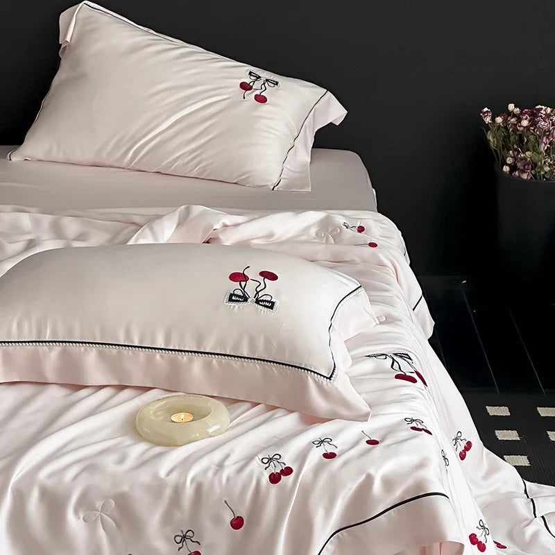 Bedding Set Fine Cotton Satin Breathable Cherry Embroidery