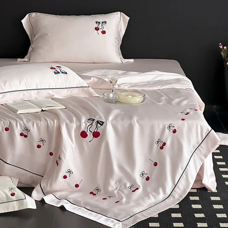 Bedding Set Fine Cotton Satin Breathable Cherry Embroidery