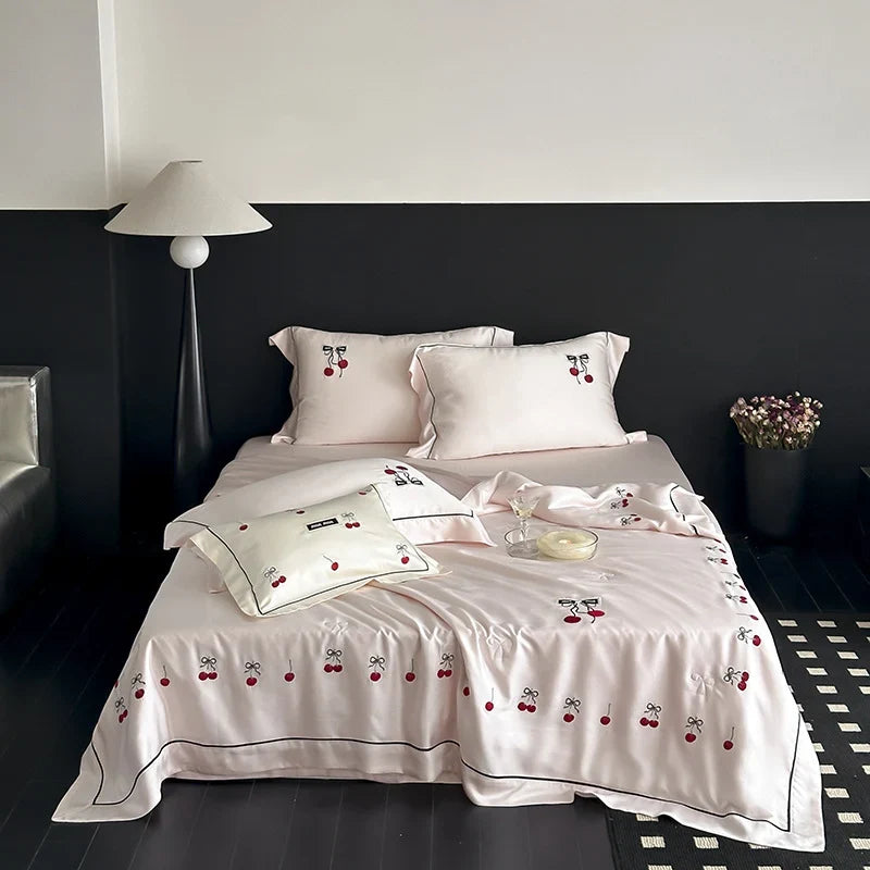 Bedding Set Fine Cotton Satin Breathable Cherry Embroidery