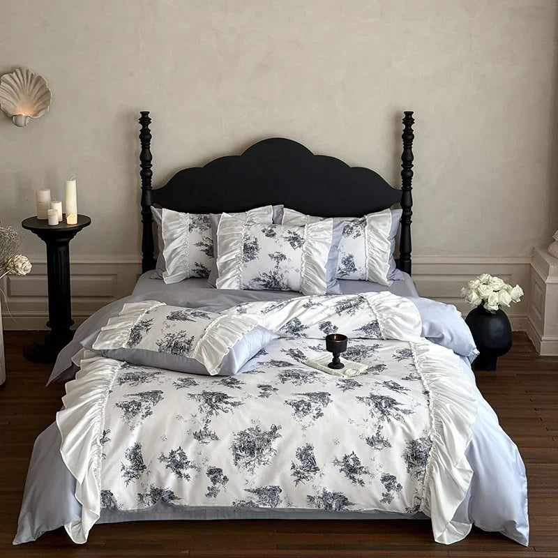 Bedding Set Fine Cotton Satin Vintage Landscape & Ruffle Trim