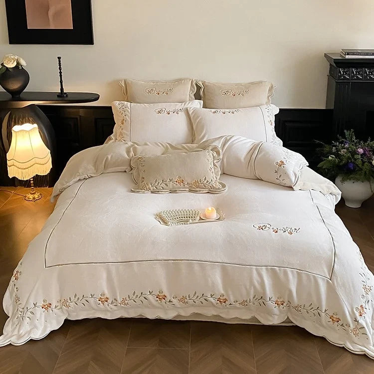 Bedding Set Floral Embroidered Cotton Percale 4-Piece