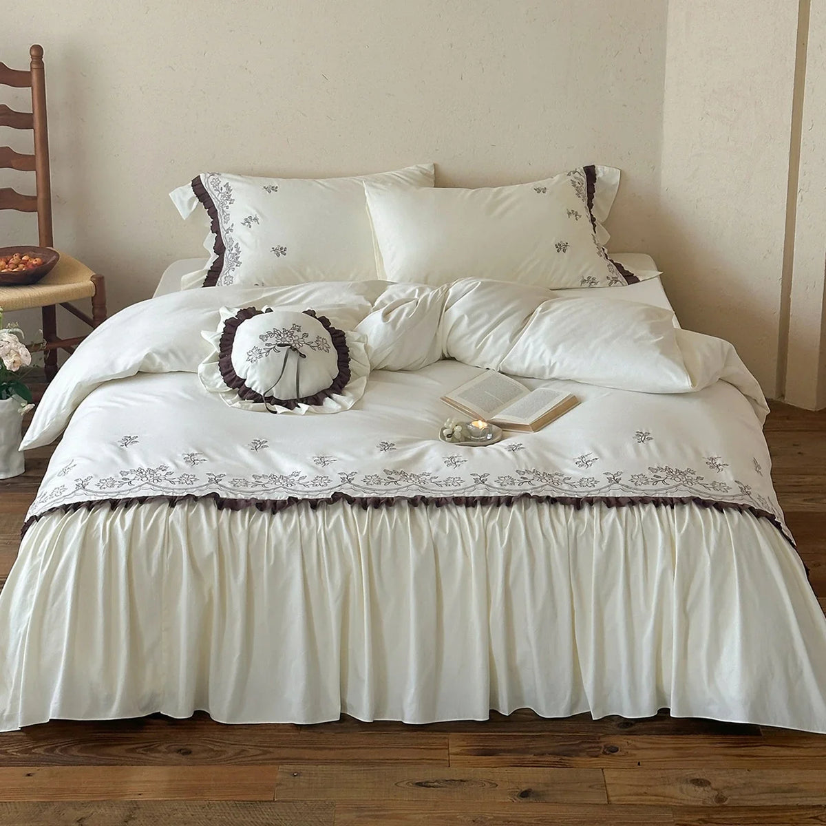 Bedding Set Floral Embroidered Topper & Ruffled Bed Skirt