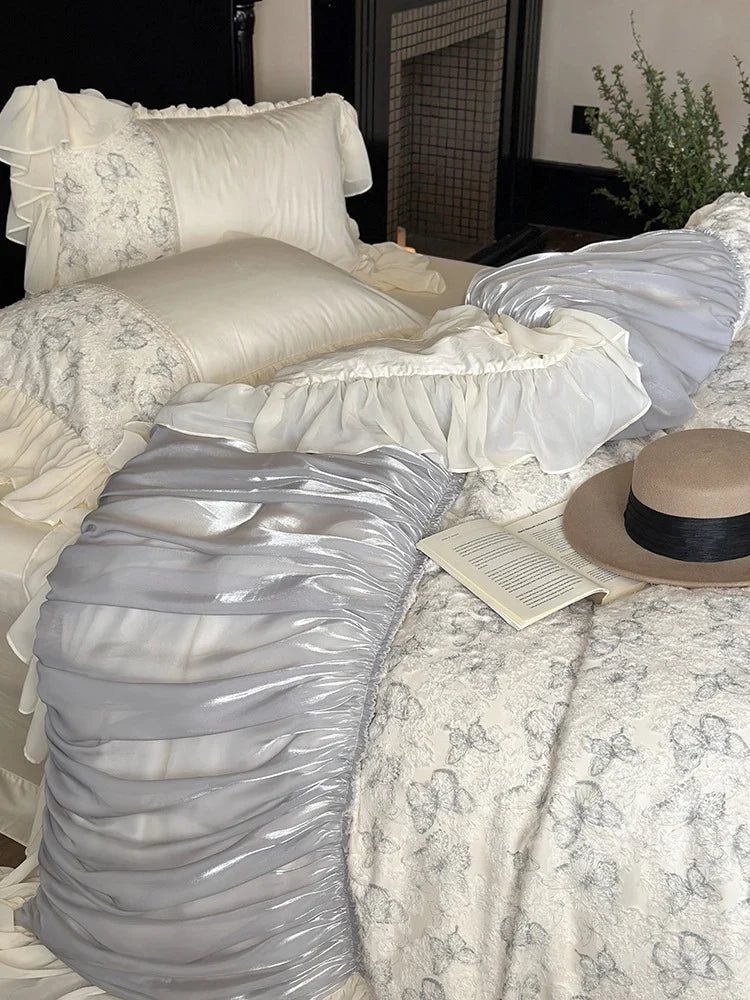 Bedding Set Floral Jacquard & Gathered Satin