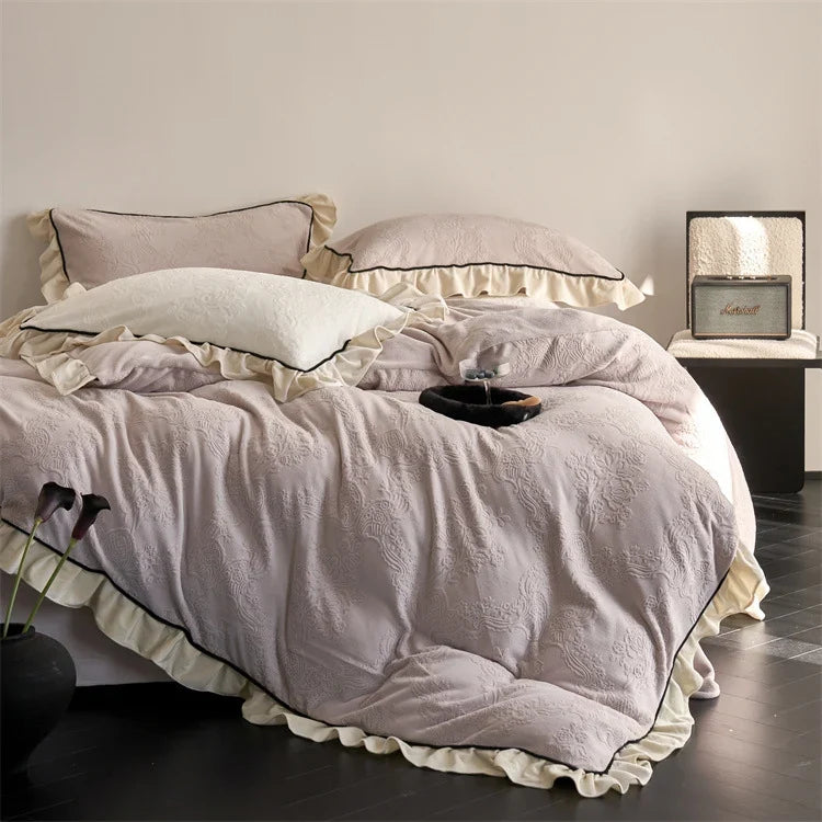 Bedding Set Floral Jacquard & Ruffle Trim Easy Care