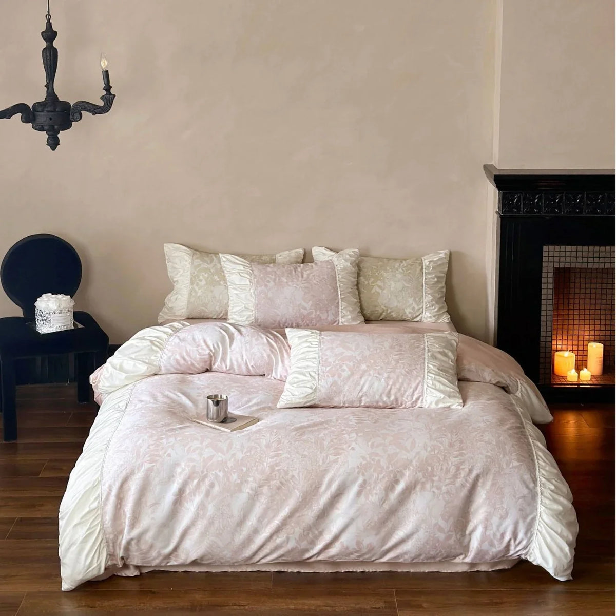 Bedding Set Floral Jacquard Satin Ruffled Edges