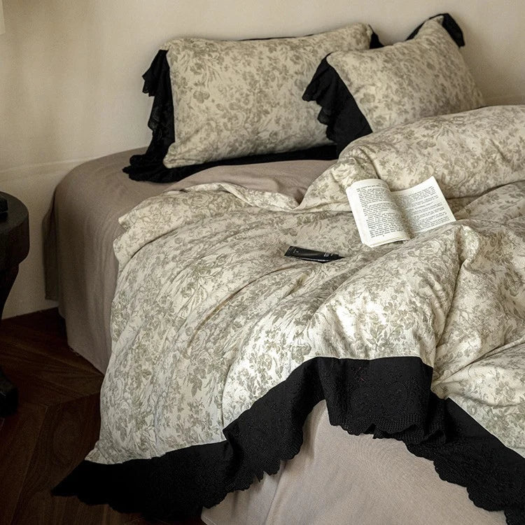 Bedding Set Floral Toile Lace Trim Breathable Cotton Blend