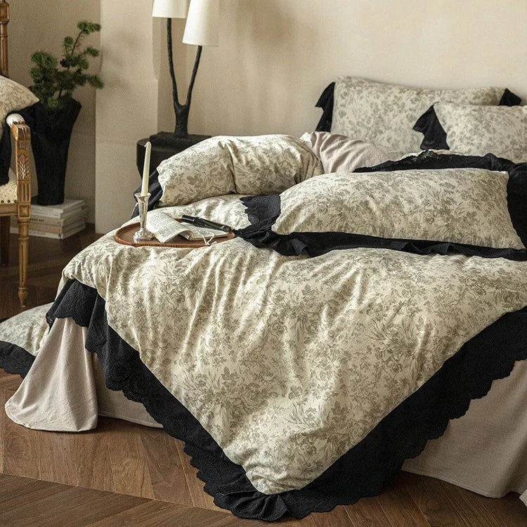 Bedding Set Floral Toile Lace Trim Breathable Cotton Blend