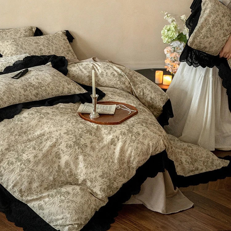 Bedding Set Floral Toile Lace Trim Breathable Cotton Blend