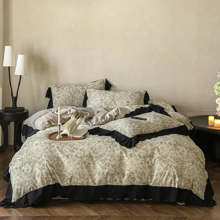 Bedding Set Floral Toile Lace Trim Breathable Cotton Blend