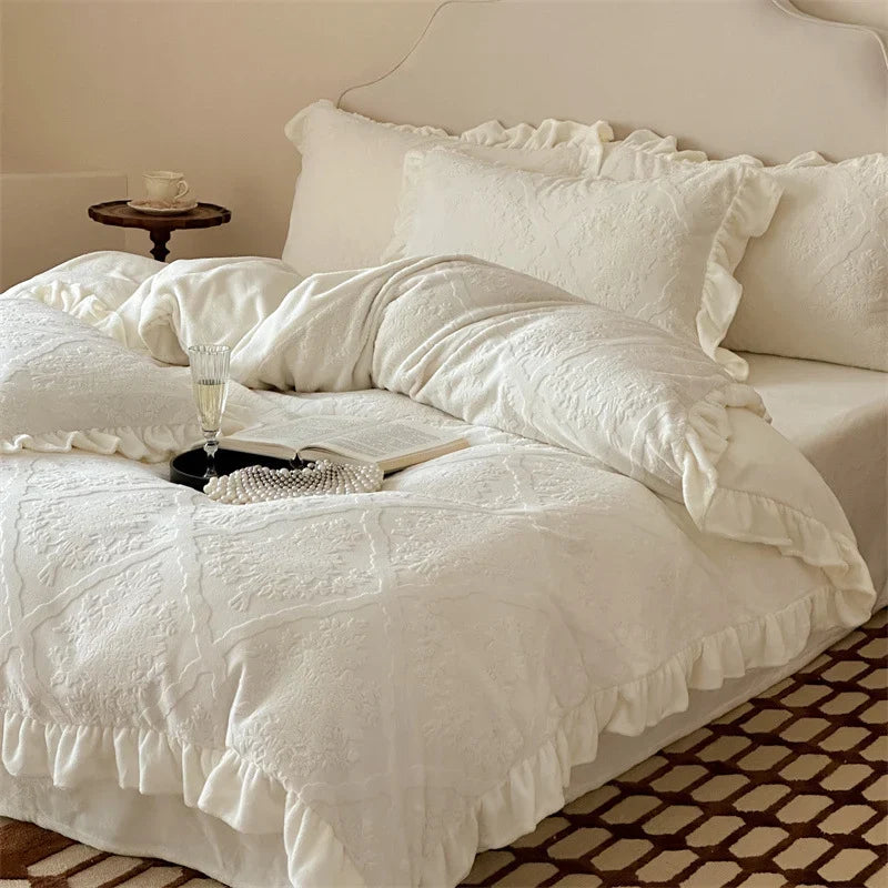 Bedding Set Jacquard Damask Ruffle Trim 4-Piece
