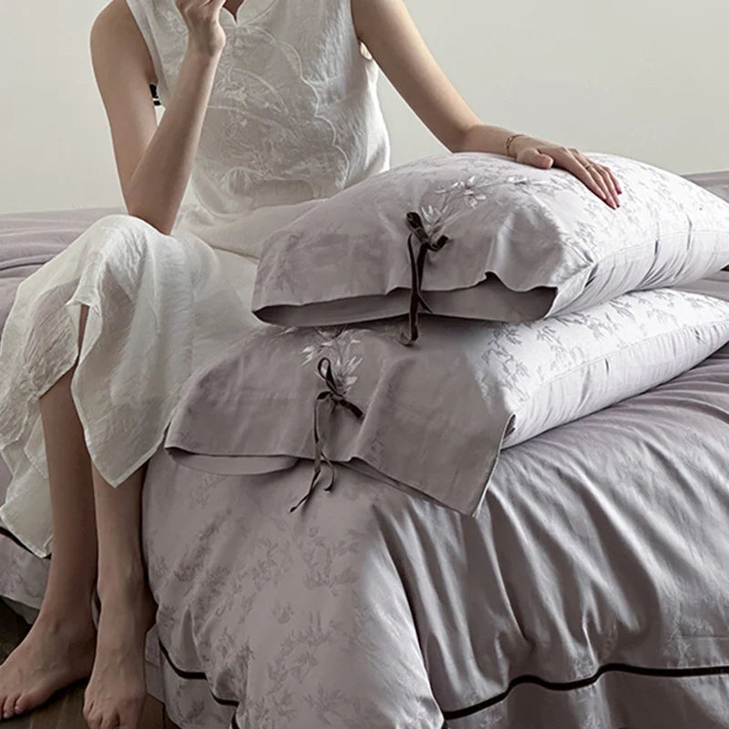 Bedding Set Jacquard Satin Floral Applique & Bow