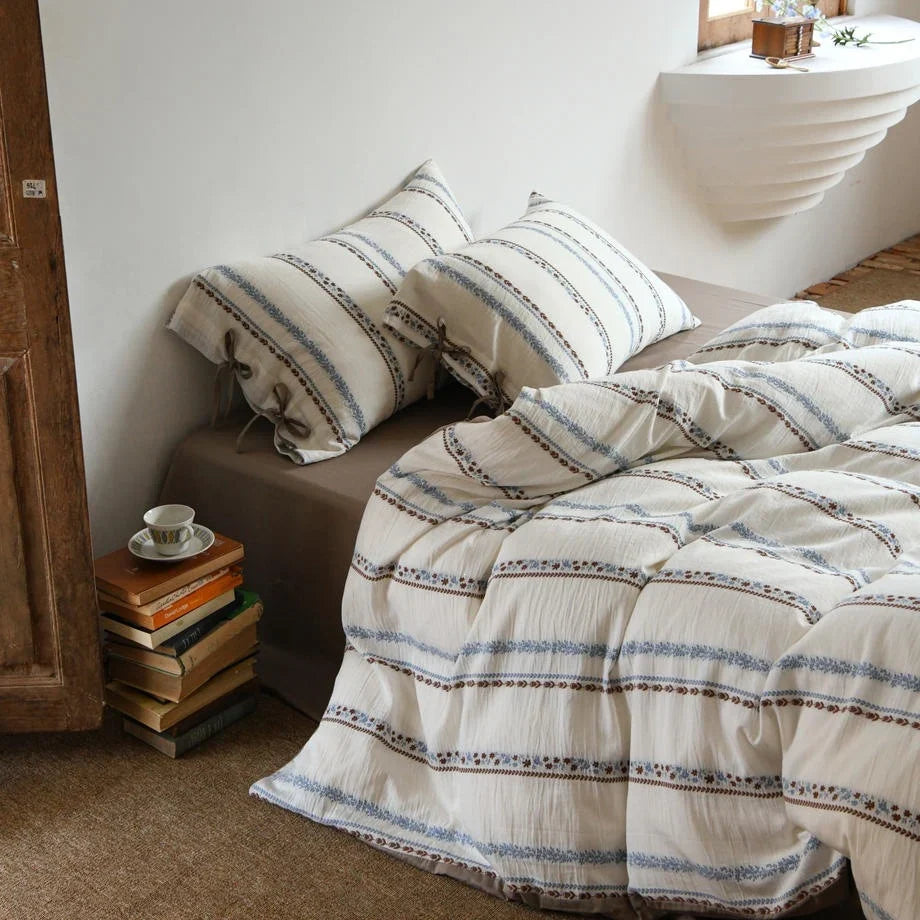 Bedding Set Lightweight Cotton Embroidered Stripes & Floral Accents