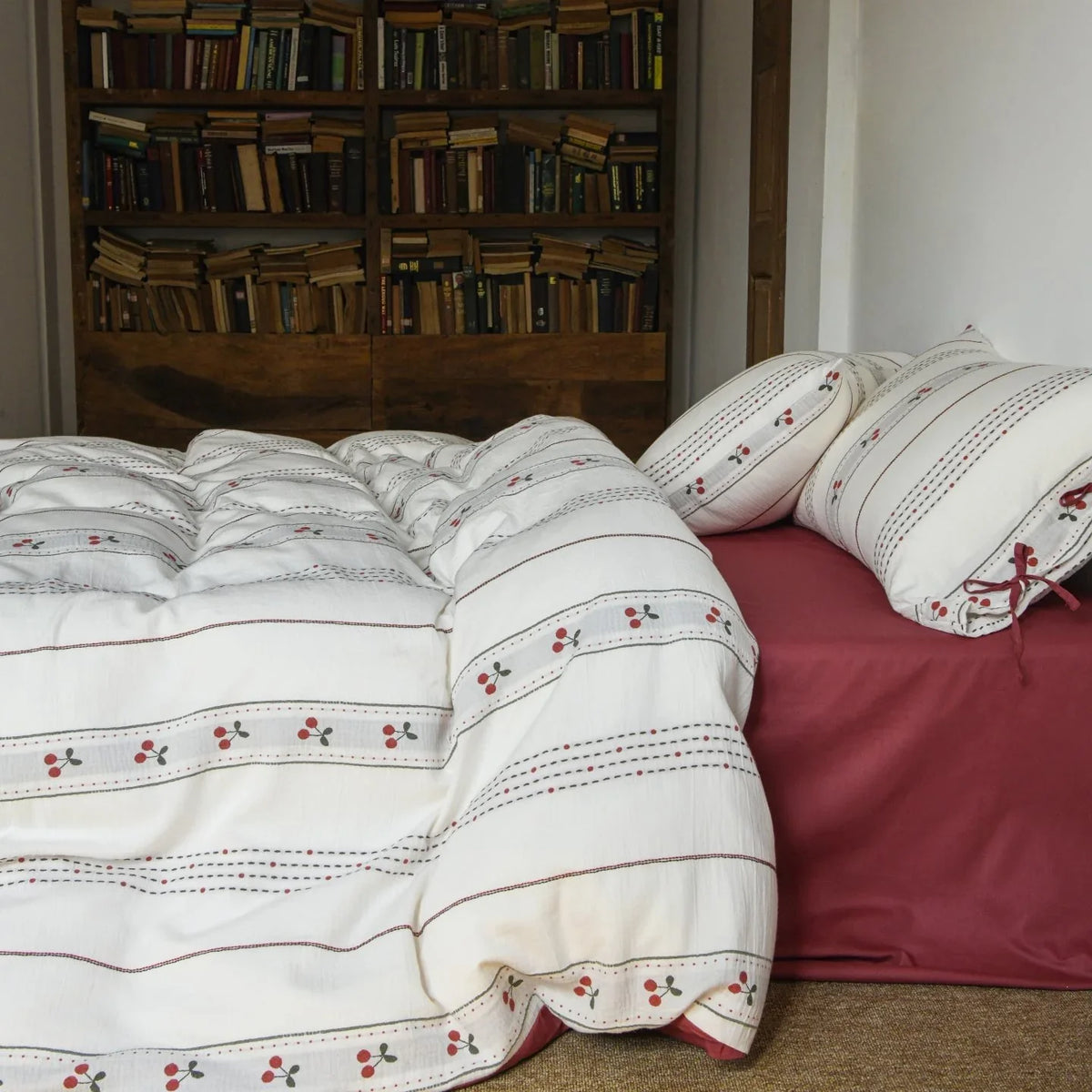 Bedding Set Lightweight Cotton Embroidered Stripes & Floral Accents
