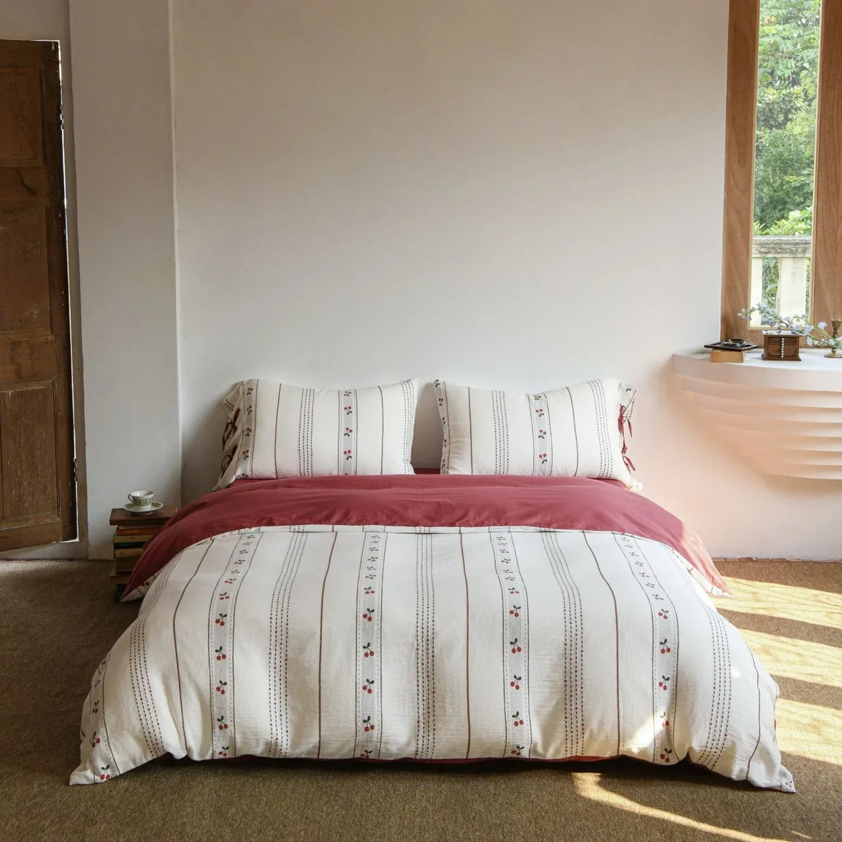 Bedding Set Lightweight Cotton Embroidered Stripes & Floral Accents