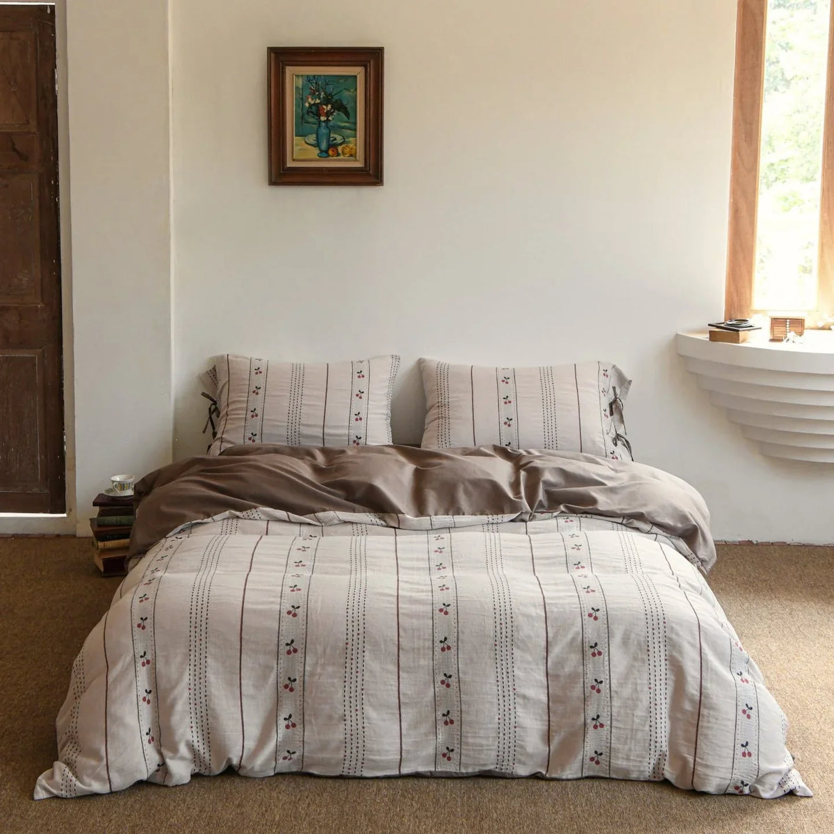 Bedding Set Lightweight Cotton Embroidered Stripes & Floral Accents
