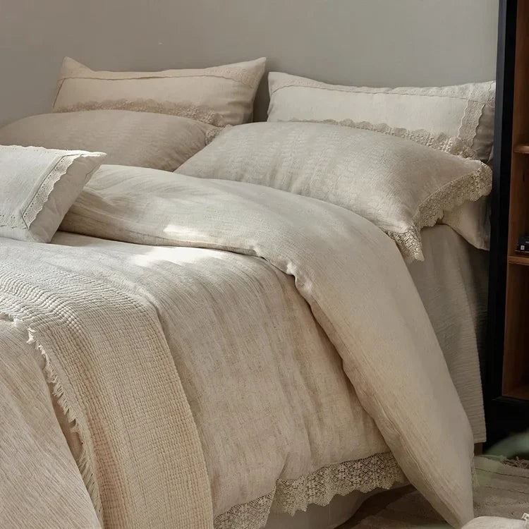 Bedding Set Linen-Cotton Breathable Floral Ruffled Set of 4