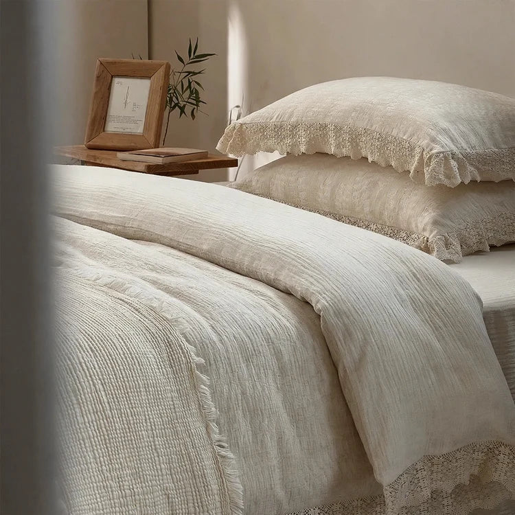 Bedding Set Linen-Cotton Breathable Floral Ruffled Set of 4