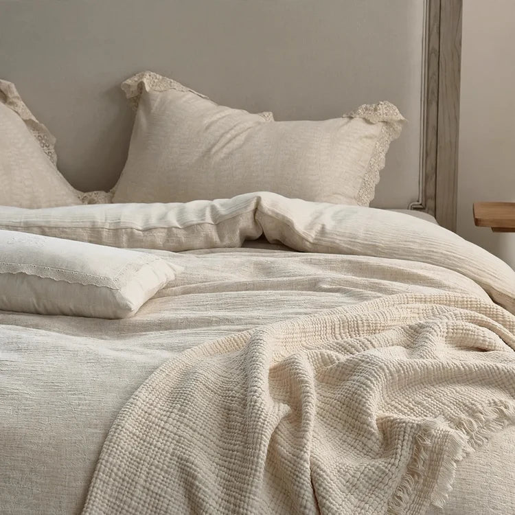 Bedding Set Linen-Cotton Breathable Floral Ruffled Set of 4