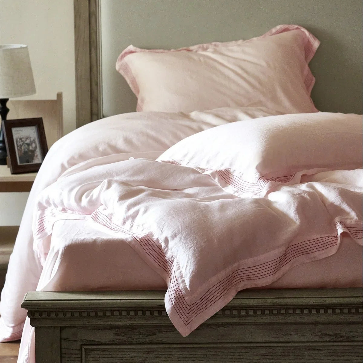 Bedding Set Linen-Look Breathable Cotton Piped Seams