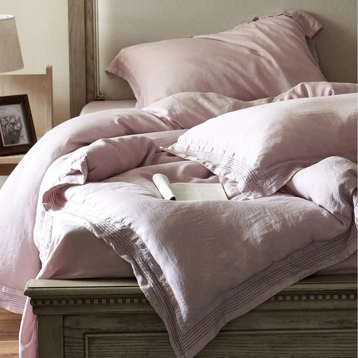 Bedding Set Linen-Look Breathable Cotton Piped Seams