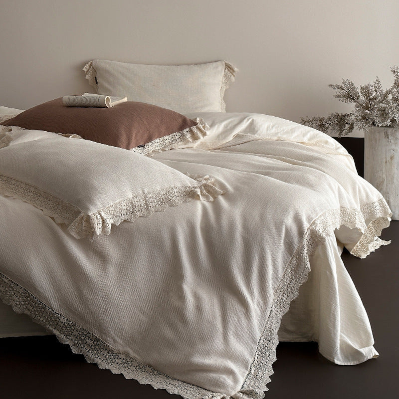 Bedding Set Linen-Look Cotton Blend Crocheted Lace Trim