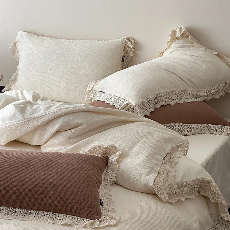 Bedding Set Linen-Look Cotton Blend Crocheted Lace Trim