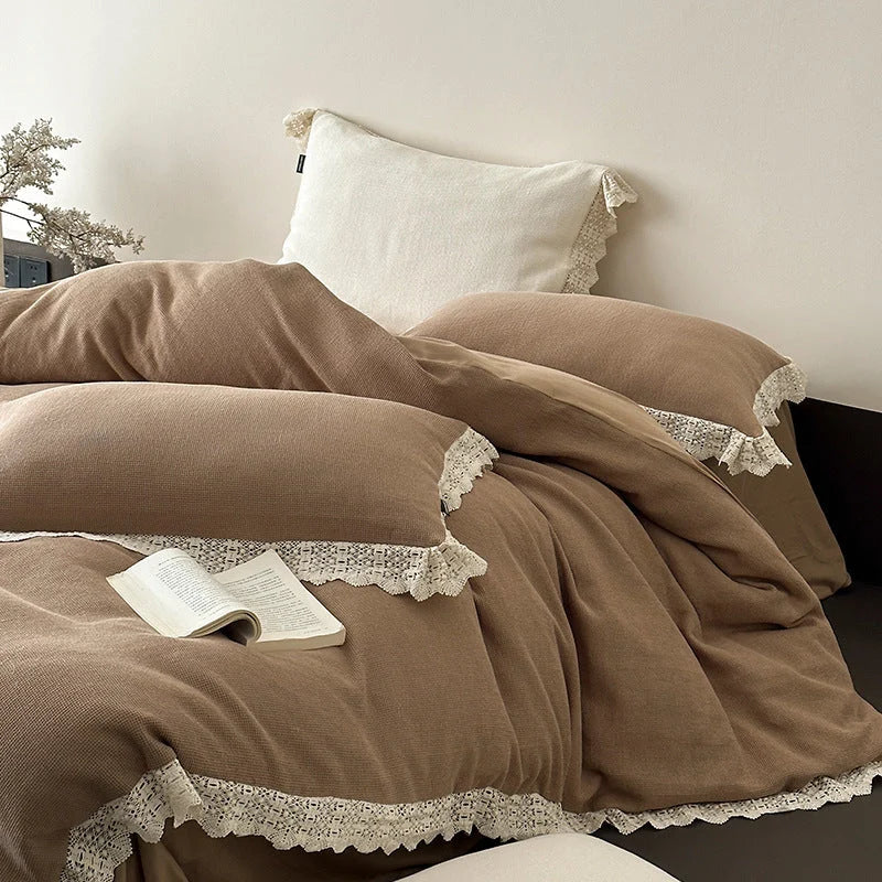 Bedding Set Linen-Look Cotton Blend Crocheted Lace Trim