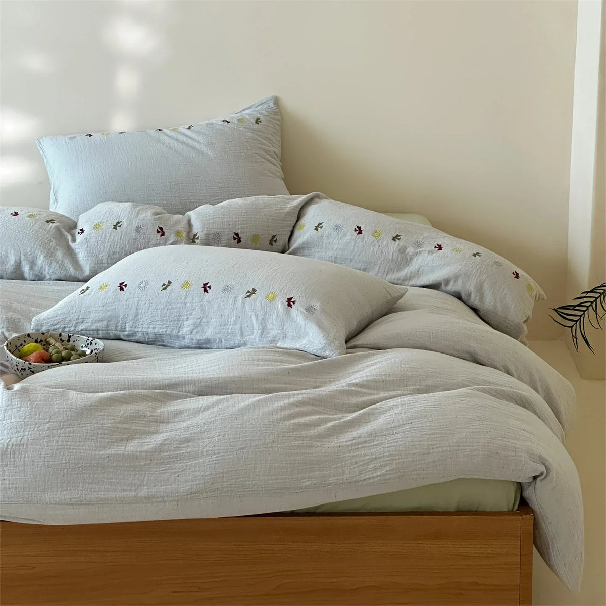 Bedding Set Linen-Look Cotton Blend Embroidered
