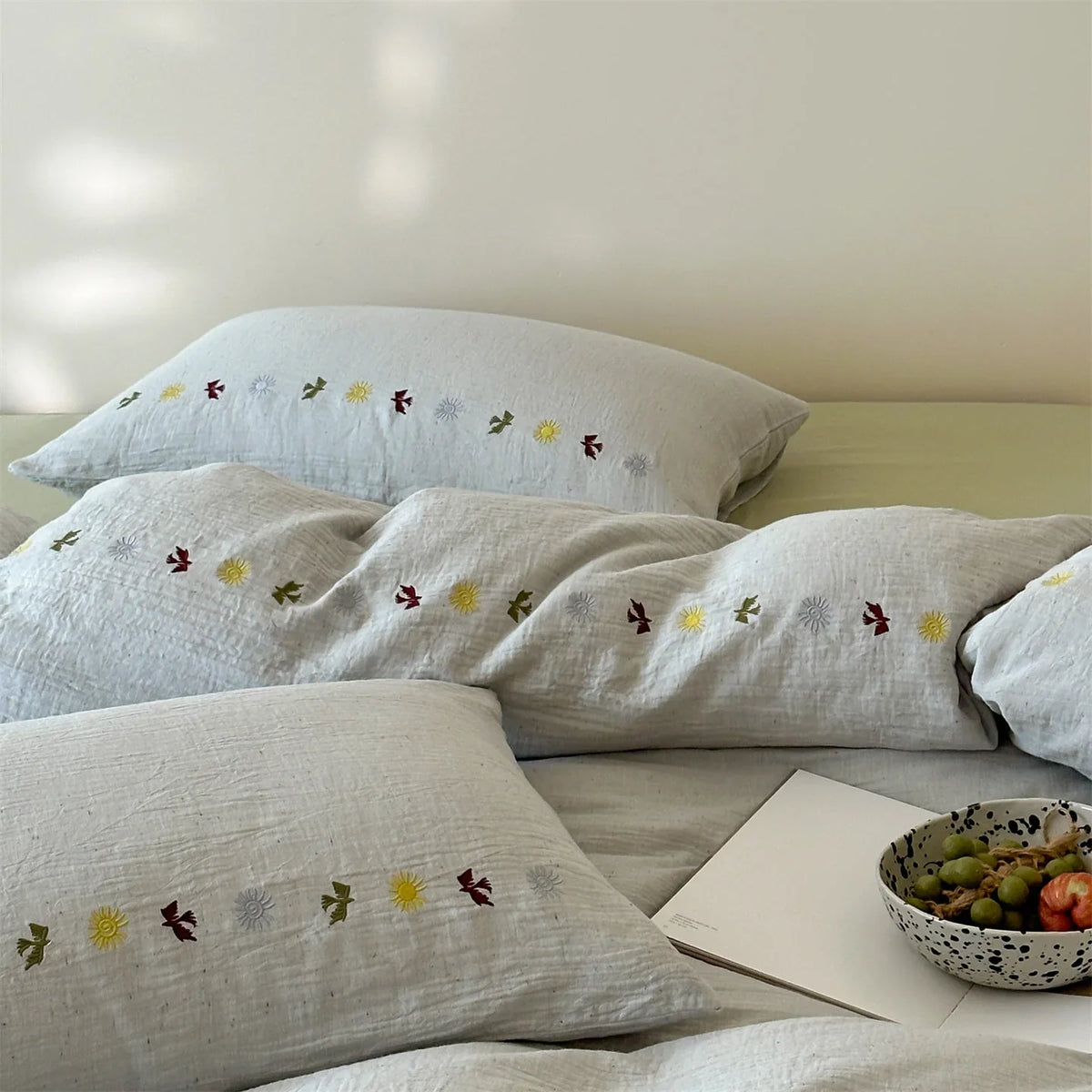 Bedding Set Linen-Look Cotton Blend Embroidered