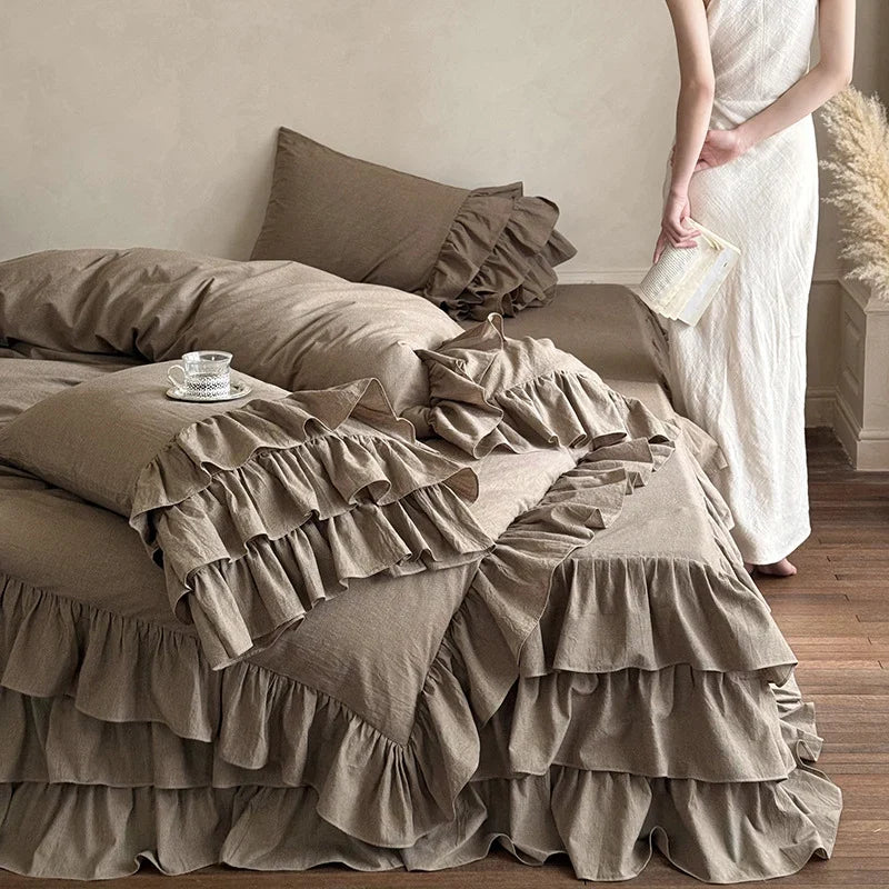 Bedding Set Linen-Look Ruffled 4-Piece