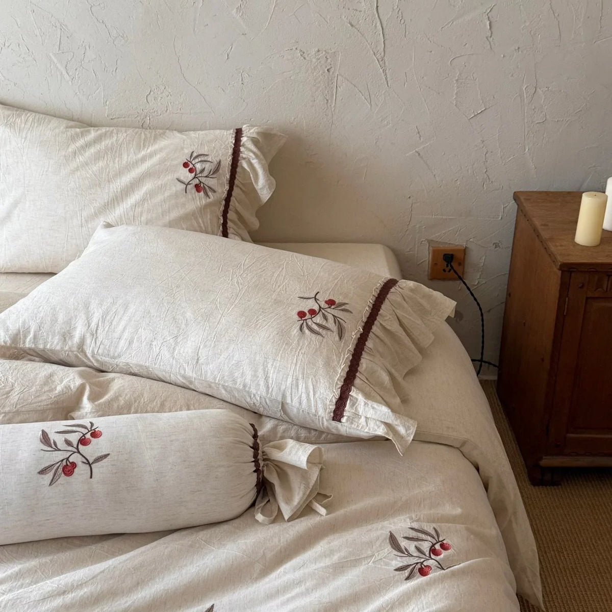 Bedding Set Natural Linen Cherry Embroidery Ruffled Edge