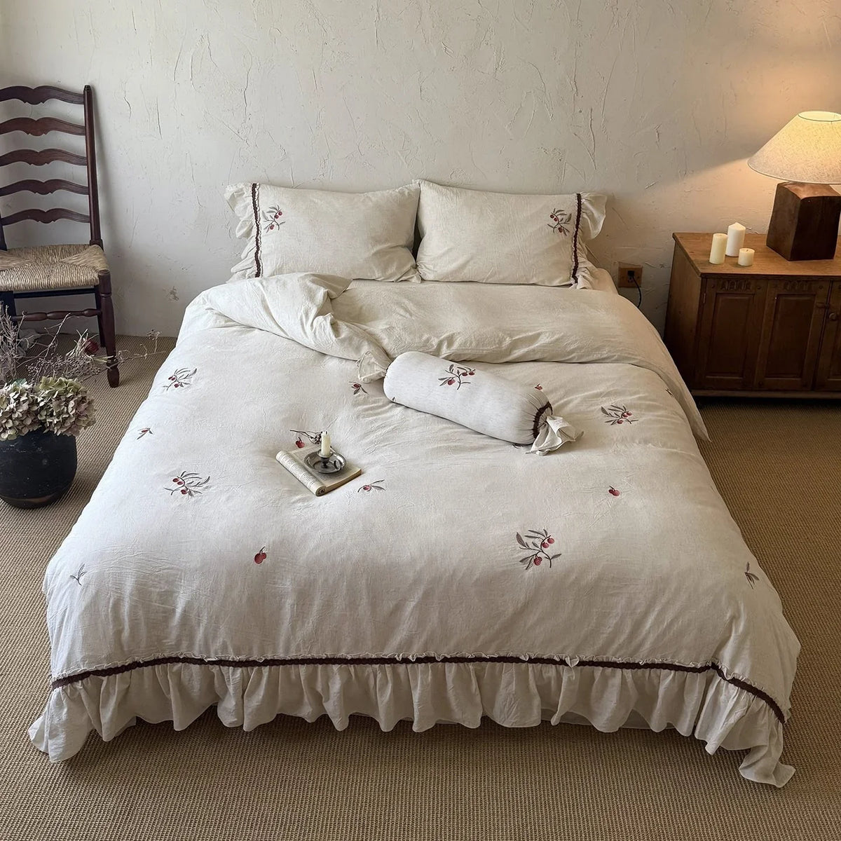 Bedding Set Natural Linen Cherry Embroidery Ruffled Edge