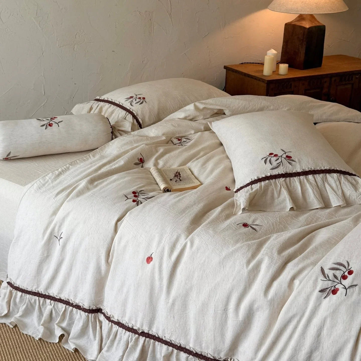 Bedding Set Natural Linen Cherry Embroidery Ruffled Edge