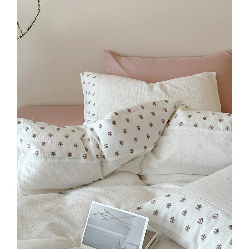 Bedding Set Organic Cotton Muslin Floral Embroidery 4-Piece