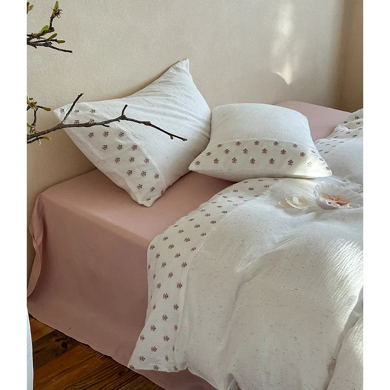 Bedding Set Organic Cotton Muslin Floral Embroidery 4-Piece