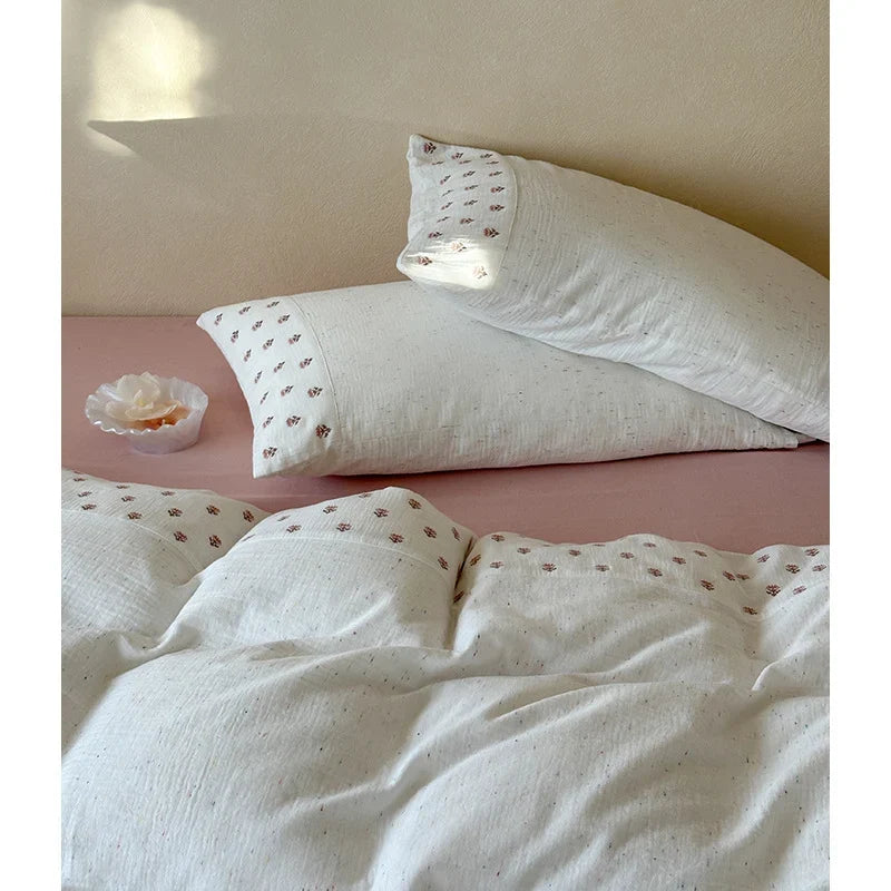 Bedding Set Organic Cotton Muslin Floral Embroidery 4-Piece