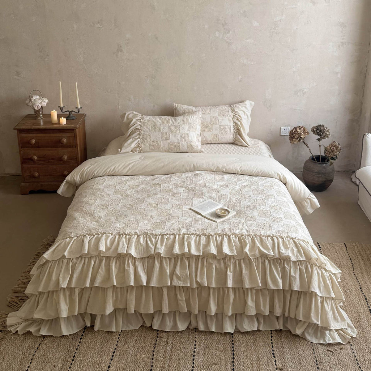 Bedding Set Quilted Ruffled Cotton With Bed Skirt