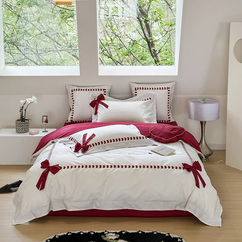 Bedding Set Reversible Cotton Satin Bow Appliqués & Embroidery