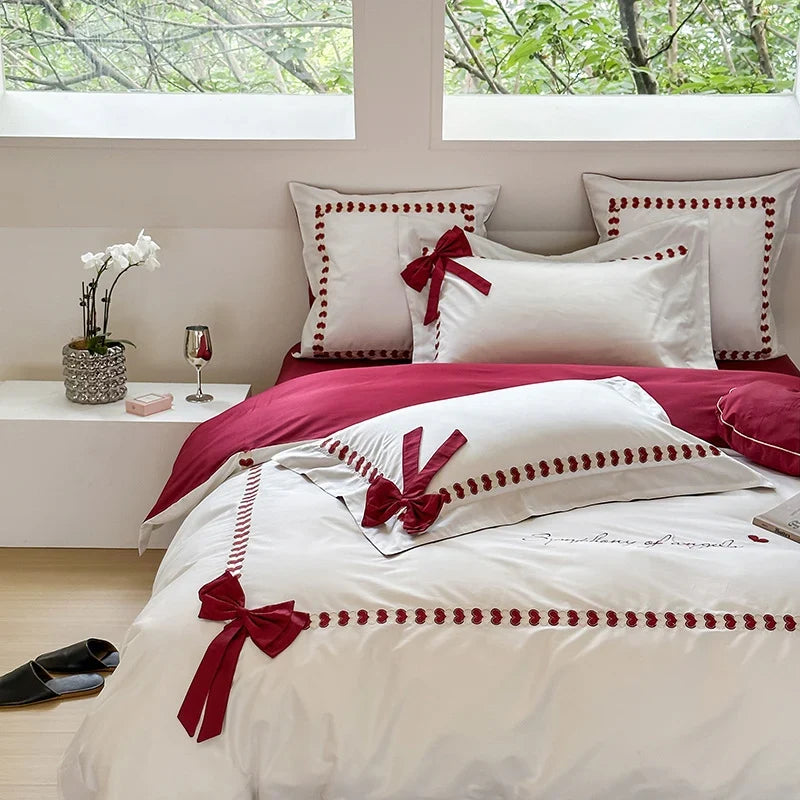 Bedding Set Reversible Cotton Satin Bow Appliqués & Embroidery