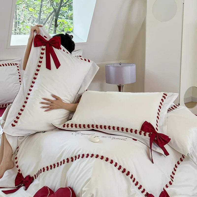 Bedding Set Reversible Cotton Satin Bow Appliqués & Embroidery