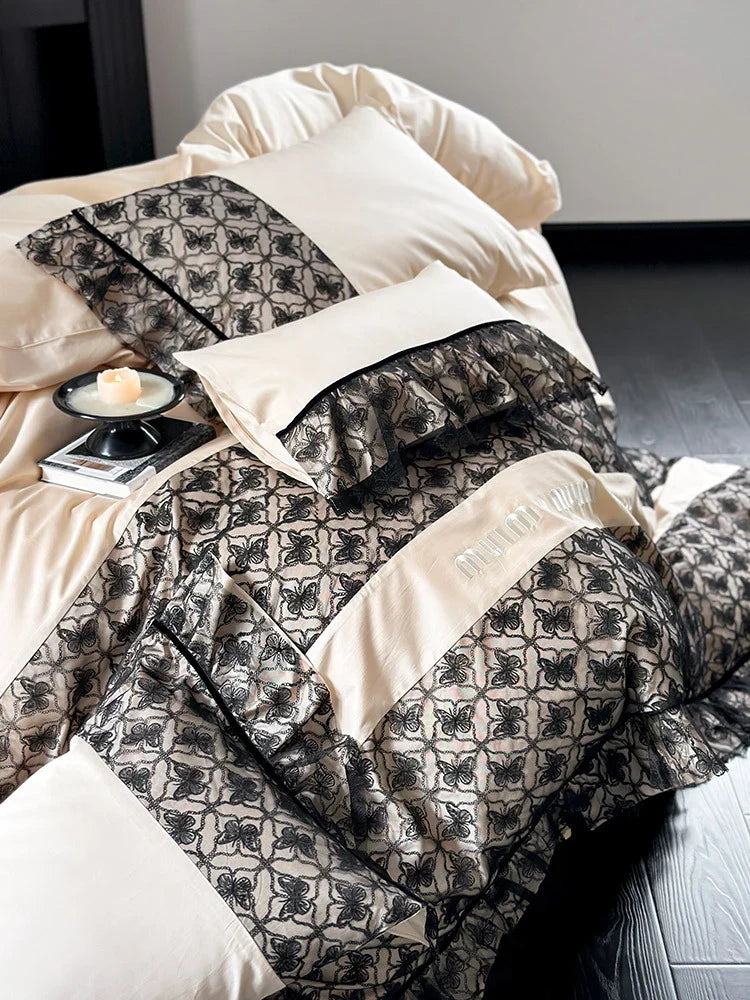 Bedding Set Reversible Cotton Satin Jacquard & Ruffles