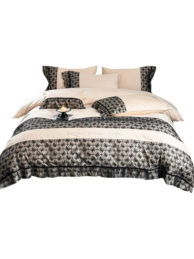 Bedding Set Reversible Cotton Satin Jacquard & Ruffles