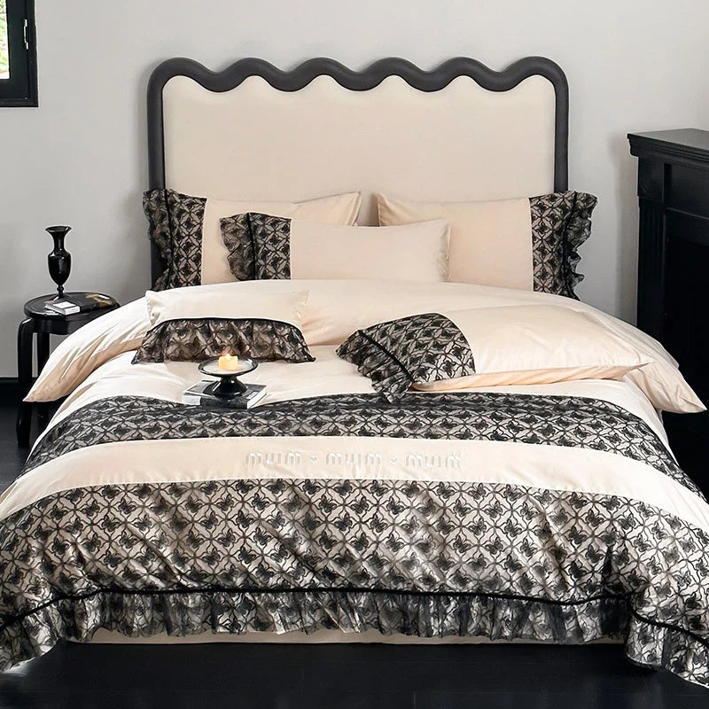 Bedding Set Reversible Cotton Satin Jacquard & Ruffles